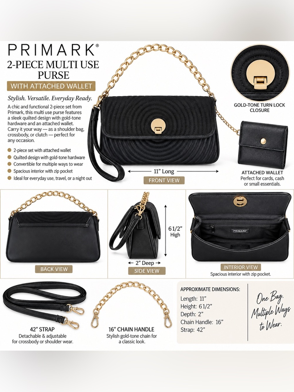 PRIMARK 2-PIECE MULTI-USE QUILTED PURSE - BLACK (NEW WITH TAGS) A29